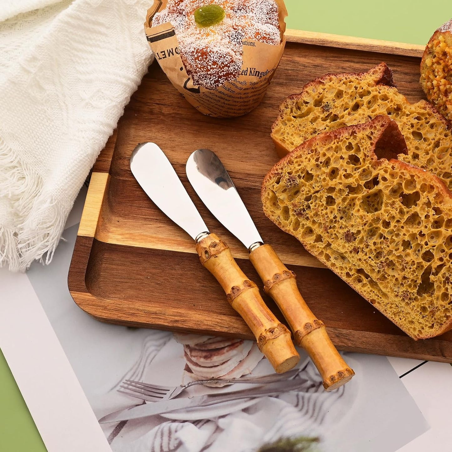 12 Pcs Cheese Spreader Knives, Stainless Steel Butter Spreader with Bamboo Handle, Kitchen Use Butter Knives Set, For Sandwich Cream Jam Bread Cake Condiment, 6.3 inch