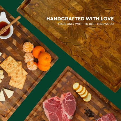 Teak End Grain Cutting Board for Kitchen – Large 18×12" Handmade Wood Butcher Block with Juice Groove & Handles – Knife-Friendly, Reversible, Non-Toxic Wooden Chopping Board, Indonesia