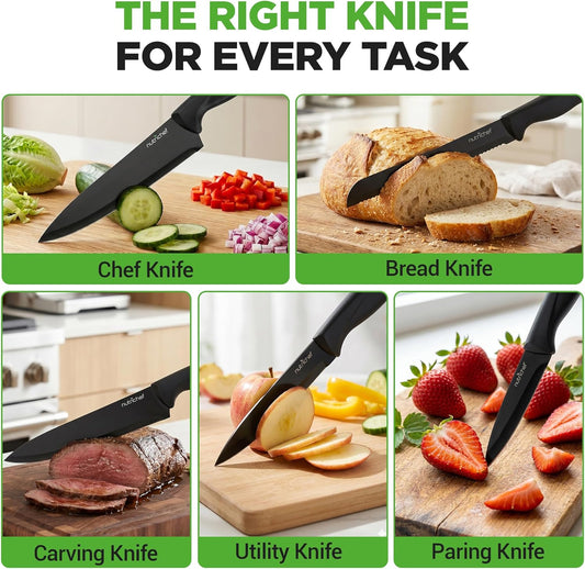NutriChef 7 Piece Kitchen Knife Set - Stainless Steel Kitchen Precision Knives Set w/ 5 Knives & Bonus Sharpener, Acrylic Block Stand - Cutting Slicing, Chopping, Dicing - NCKNS7X