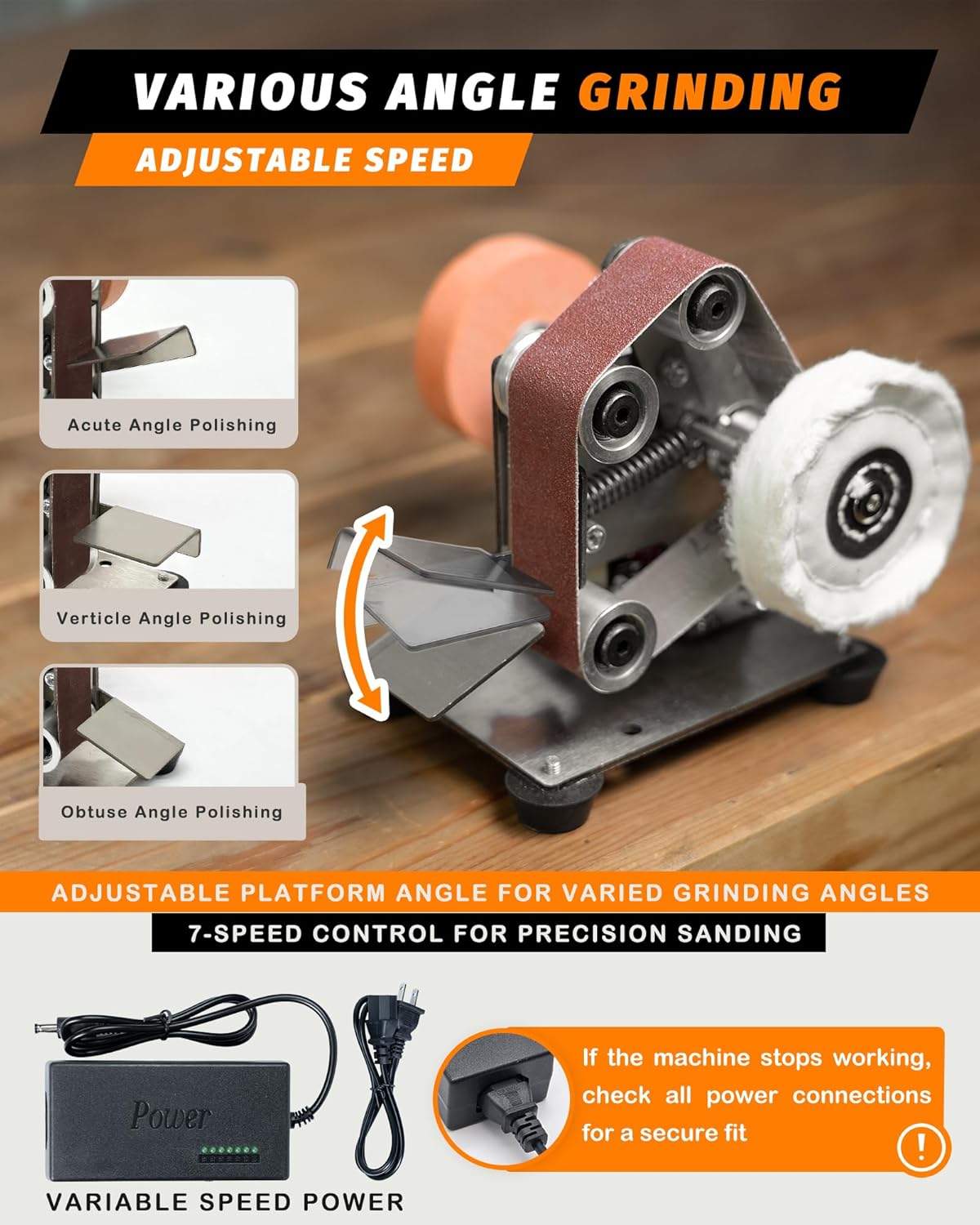 Mini Belt Sander, Electric Small Sander Knife Making Supplies, 7 Adjustable Speed Electric Knife Sharpener, Power Belt Grinder for Woodworking, Metal Working DIY (6.5'' x 6.8'' x 4.8'')