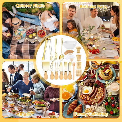 270 Pcs Charcuterie Board Accessories Charcuterie Utensils Cheese Spreader Knife Set Butcher Paper Roll Serving Tong Fork Spoon Dipping Bowl Cocktail Pick for Party Christmas Wedding(Gold)
