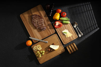 Sango Acacia Cutting Board Set with Juice Grooves and Partitions for Serving, 3-Piece- Wood Chopping Boards, Stackable & Reversible for Kitchen, Non-Toxic, Perfect as Butcher Block Countertop, Atelier