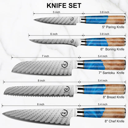 5 Inch Kitchen Utility Knife, Damascus Paring Knives,Japanese VG10 Steel Damascus Fruit Knife-Ergonomic Blue Resin Handle Ideal Birthday Gift for Men and Women