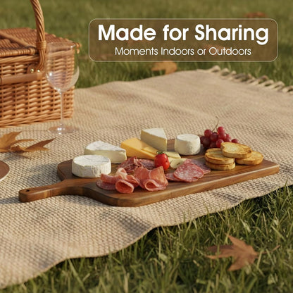 Charcuterie Board Set, Acacia Wood Cheese Board with 4 Cheese Knives, Engraved Serving Tray with Handle – Cutting Board for Kitchen & Entertaining, Housewarming Gift