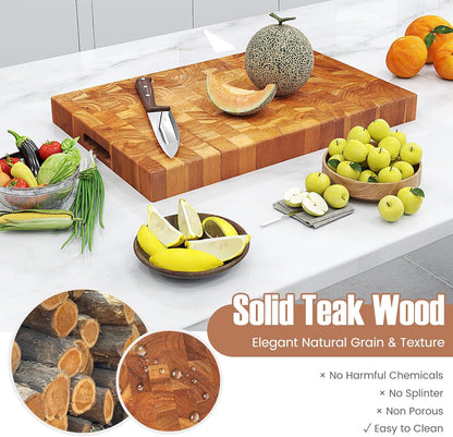 Giantex Teak Wood Cutting Board, 2" Thick End Grain Chopping Block with Hand Grip, 18"x12" Large Reversible Butcher Block, Pre-Conditioned With Natural Waxes & Oils, Carving Board for for Meat Cheese