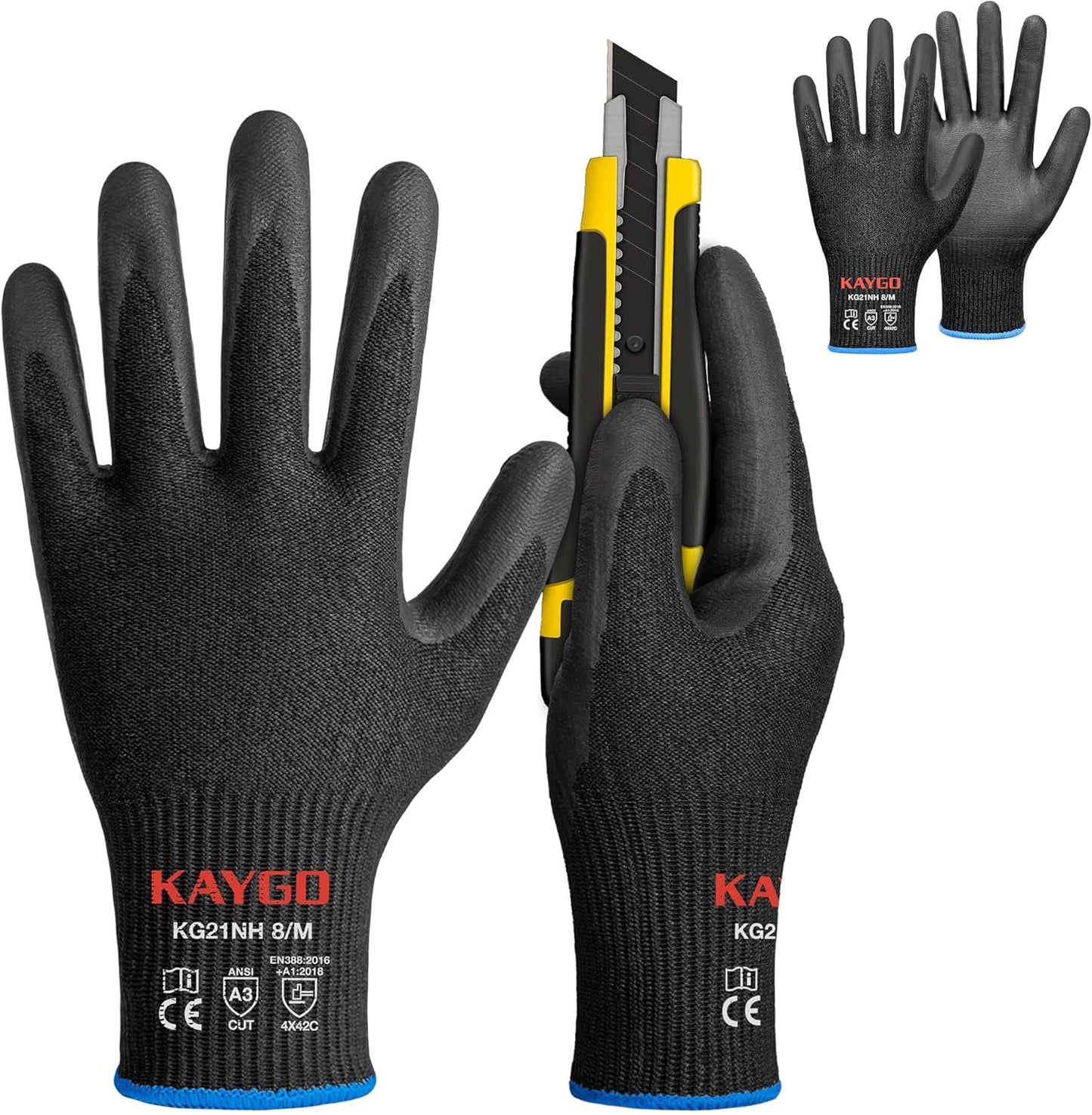 KAYGO 12 Pairs Cut Resistant Work Gloves for Men and Women,ANSI A3 Cutting Gloves,Nitrile Micro-Foam Safety Work Gloves KG21NB,Ideal for Wood Carving,Glass Handling, Construction,Fishing,Grey,S