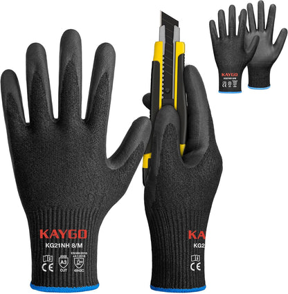 KAYGO 12 Pairs Cut Resistant Work Gloves for Men and Women,ANSI A3 Cutting Gloves,Nitrile Micro-Foam Safety Work Gloves KG21NB,Ideal for Wood Carving,Glass Handling, Construction,Fishing,Grey,S