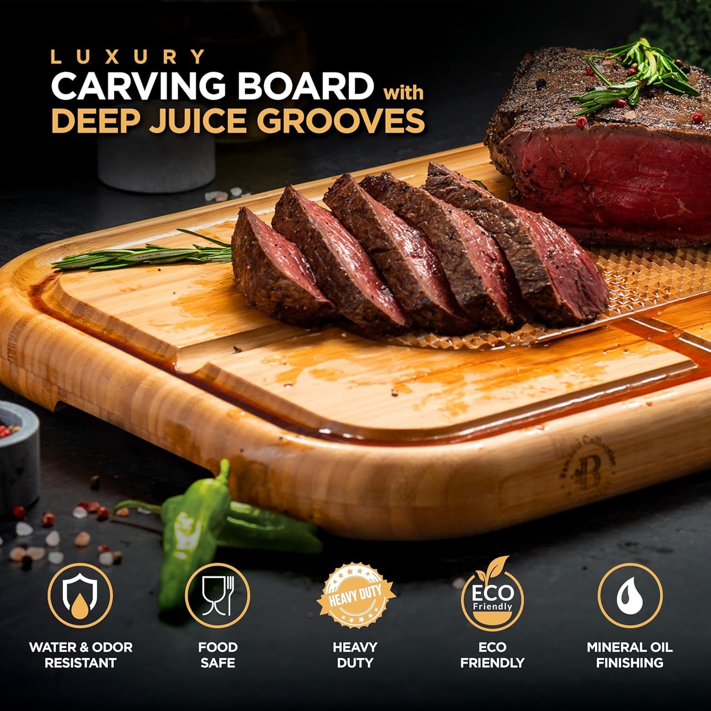 Meat Cutting Board - Extra Large Bamboo Carving Board, 18 x 13 Thick Butcher Block Cutting Board with Deep Juice Groove, Non Slip Center, Reversible Board for Steak, Brisket, Turkey, Grilling BBQ Prep