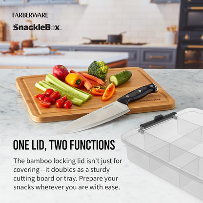 Farberware Build Snacklebox Serving Tray with Locking Bamboo Cutting Board Lid, Portable Storage Container with Compartments for Charcuterie, and More, Natural