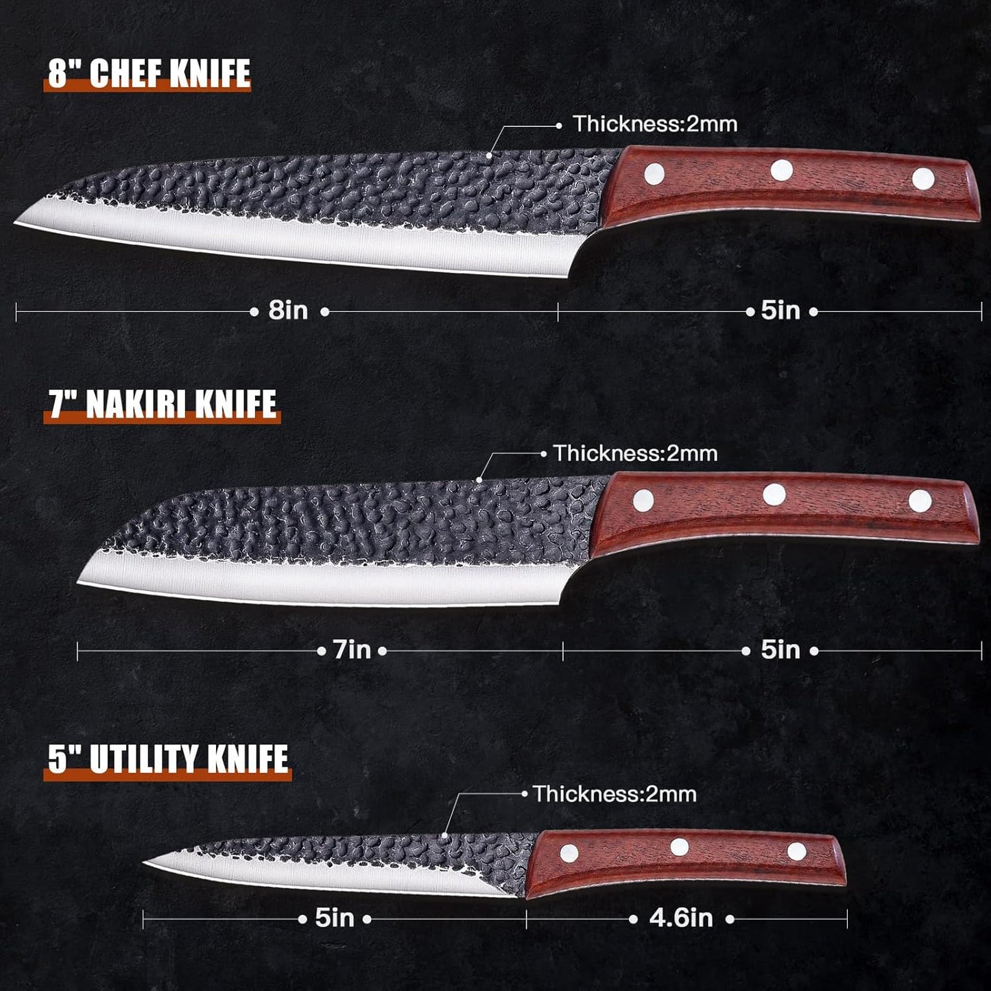 Topfeel 3PCS Kitchen Knife Set, Hand Forged High Carbon Stainless Steel Chef Knife Sets, Ultra Sharp Professional Japanese Knife Sets With Wood Ergonomic Handle & GIFT BOX