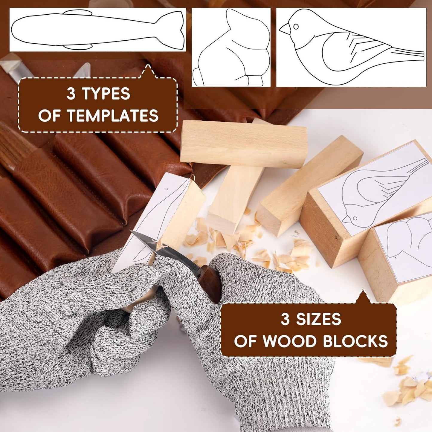 Wood Carving Tools, 27Pcs Wood Carving Kit with Leather Storage Bag,14Pcs Whittling Knives,Folding Saw ,Bench Vise,Leather Strop Biock and 6pcs wood Block,Whittling kit for Beginners and Enthusiasts