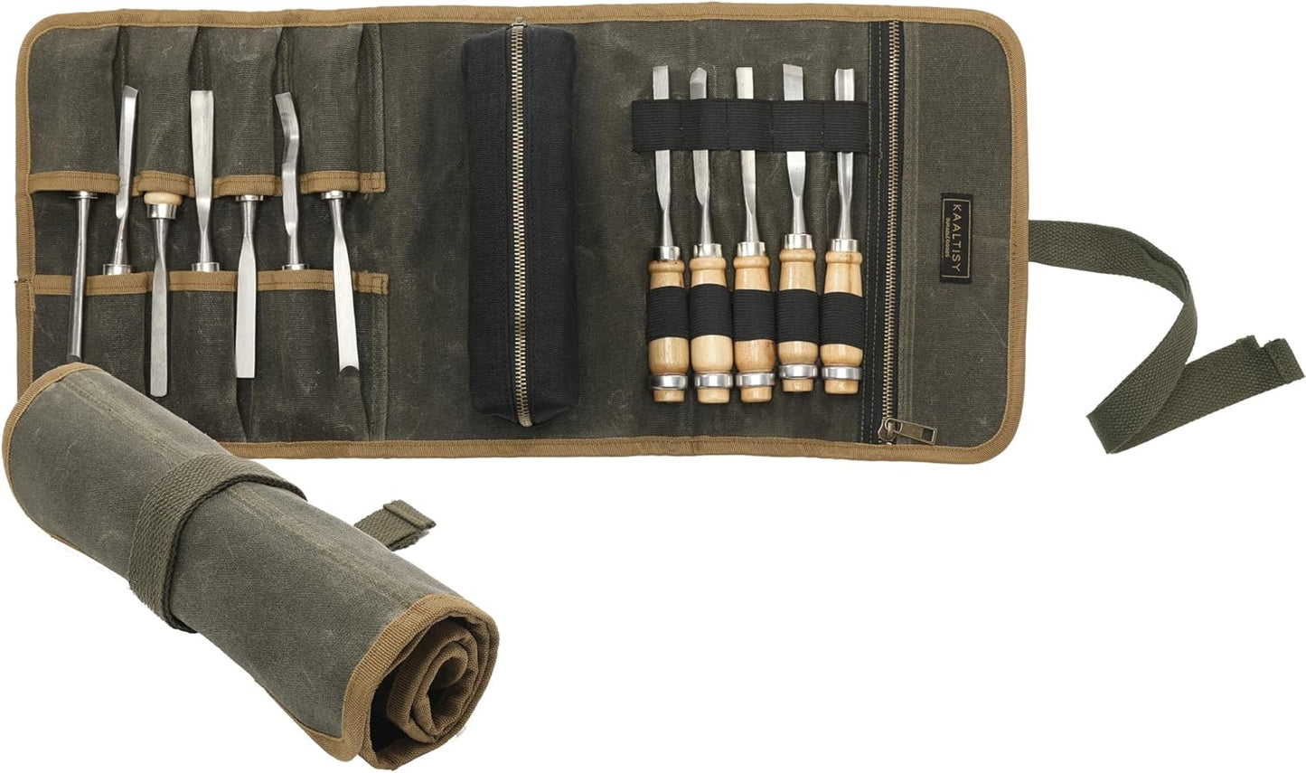 16OZ Waxed Canvas Tool Roll Bag, Heavy Duty Tool Storage Roll Bag with 7 Tool Slots & 1 Detachable Pouch, Khaki Tool Organizer for Wrenches and Tools (23.5"L x 9.5"W)