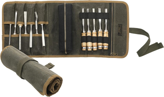 16OZ Waxed Canvas Tool Roll Bag, Heavy Duty Tool Storage Roll Bag with 7 Tool Slots & 1 Detachable Pouch, Khaki Tool Organizer for Wrenches and Tools (23.5"L x 9.5"W)