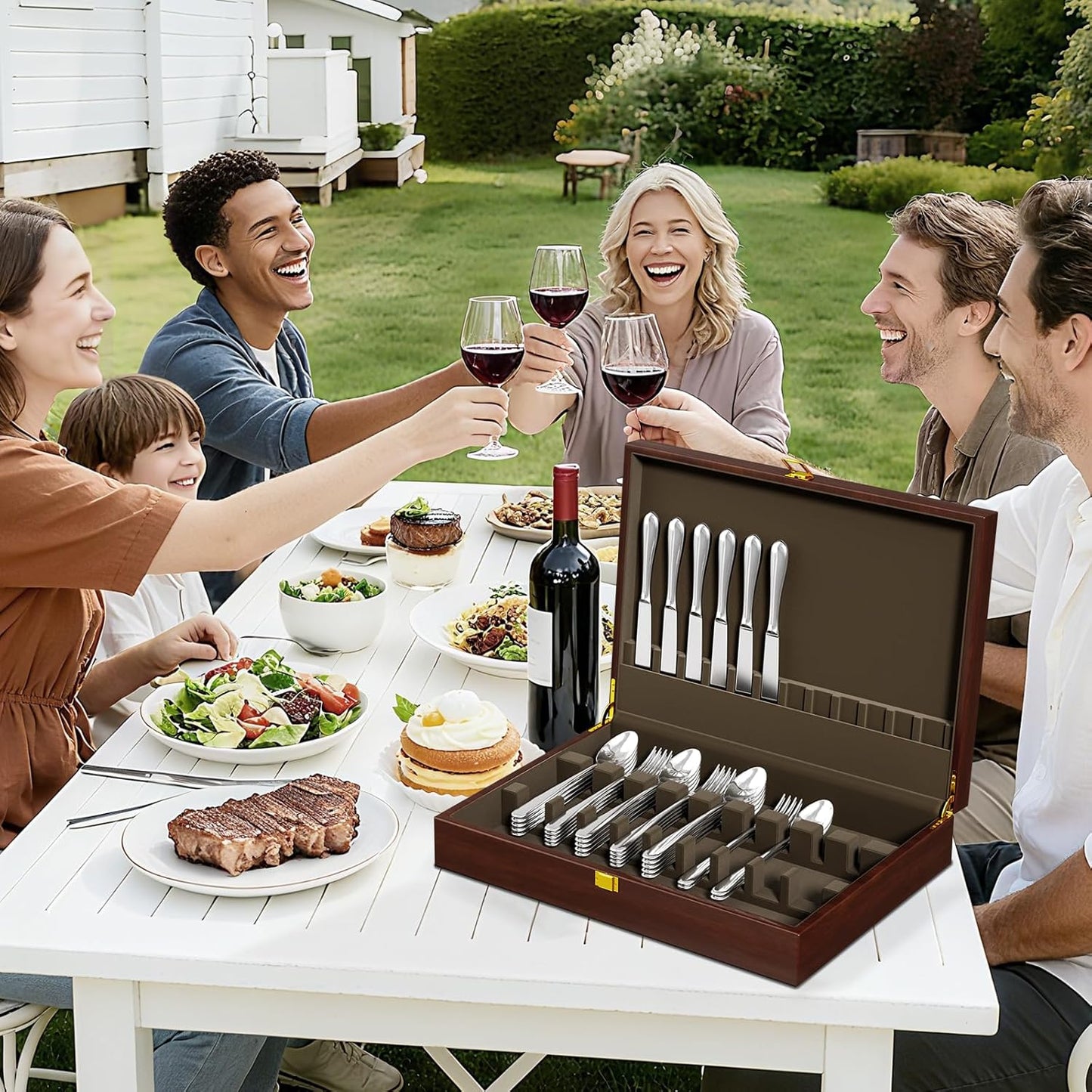 Solid Walnut Silverware Storage Box, 2-Layer Silverware Chest with Drawer, Flatware Case with Lid and Felt Lined, Wood Flatware Storage Box Holds 12-16 Sets of Utensils, Wedding Housewarming Gifts