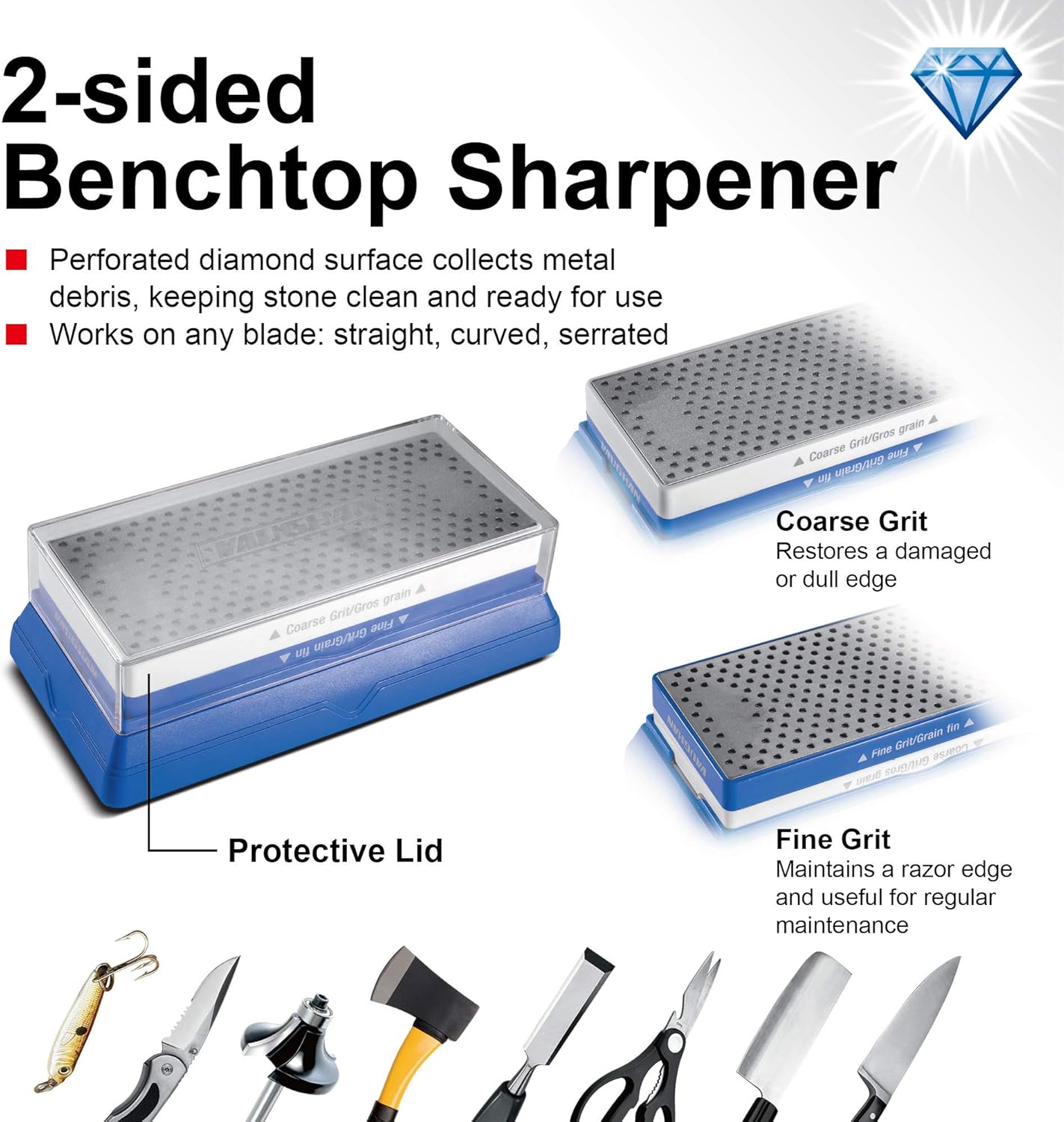 Vaughan 2 Piece Diamond Stone Sharpening Set – Dual-Sided Benchtop & Portable Pocket Sharpener with Coarse & Fine Grit – Genuine Diamond Particles, Anti-Slip Base, and Storage Case – 240021