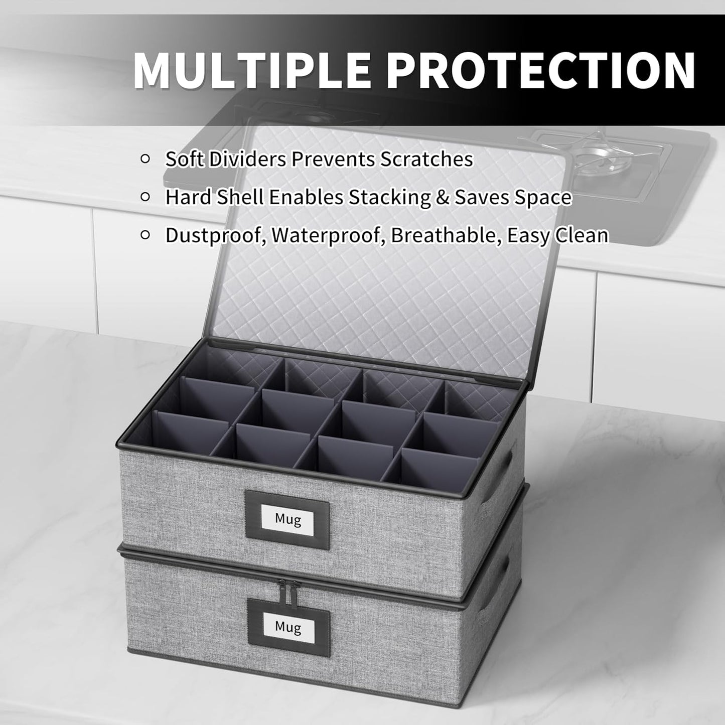Aokeyee 2-Pack Silverware Storage Box, Sturdy Flatware Organizer with 5 Compartments & Adjustable Dividers, Utensil Case with Clear Lid & Handle for Knives, Forks & Spoons, Gray