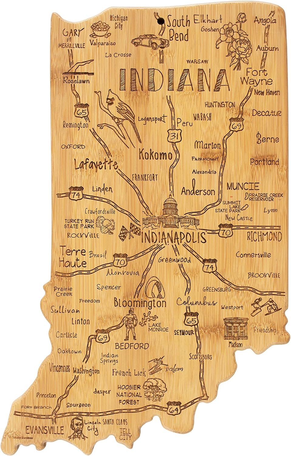Totally Bamboo Destination Indiana Shaped Cutting Board – Bamboo Charcuterie and Serving Board with Hang Tie for Wall Display