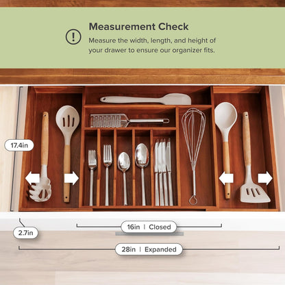 KitchenEdge Premium Silverware, Flatware and Utensil Organizer for Kitchen Drawers, Food-Safe Contract Grade, Expandable from 18 to 33 In, Natural Bamboo
