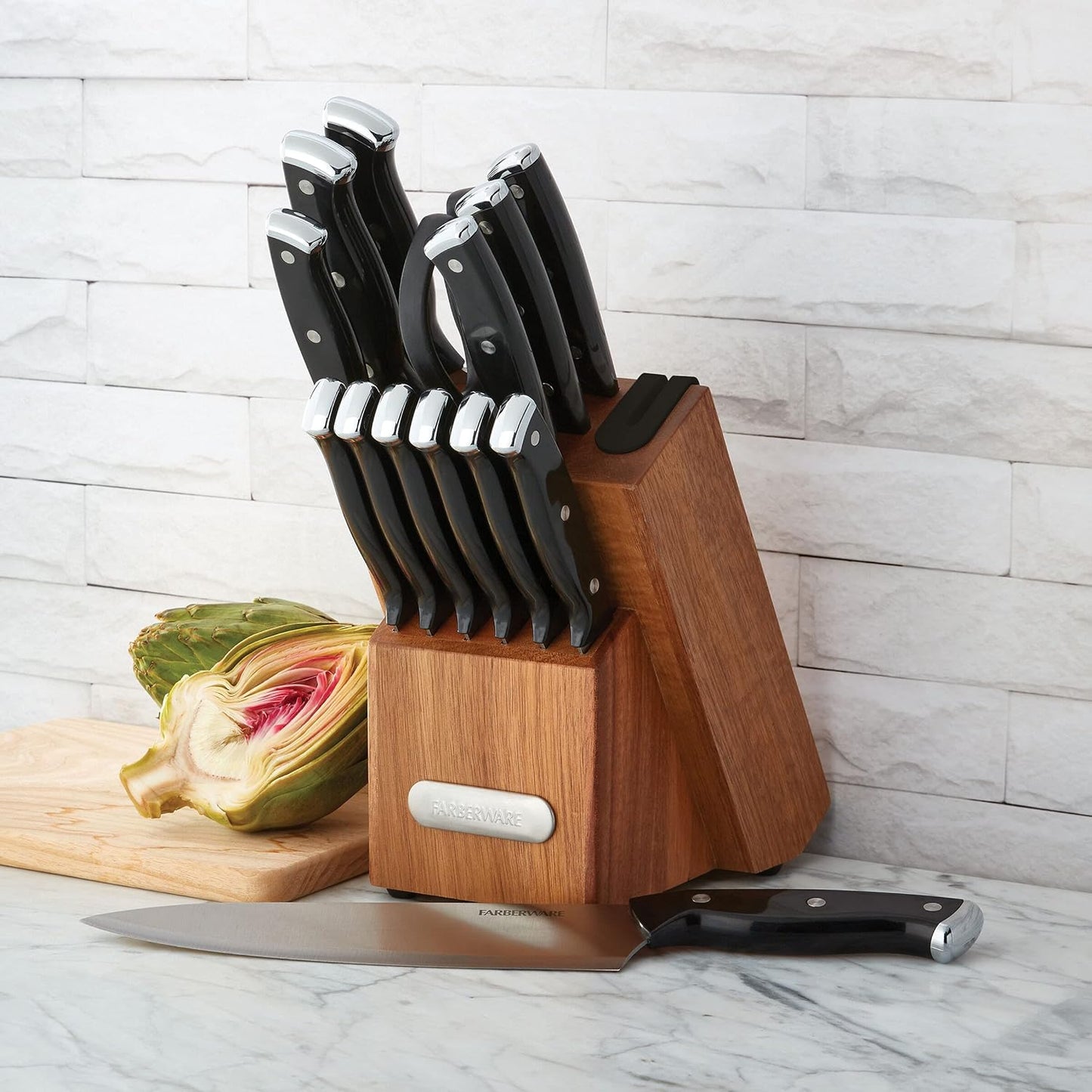 Farberware Edgekeeper Triple Riveted Knife Block Set with Built in Sharpener, 14-Piece, White