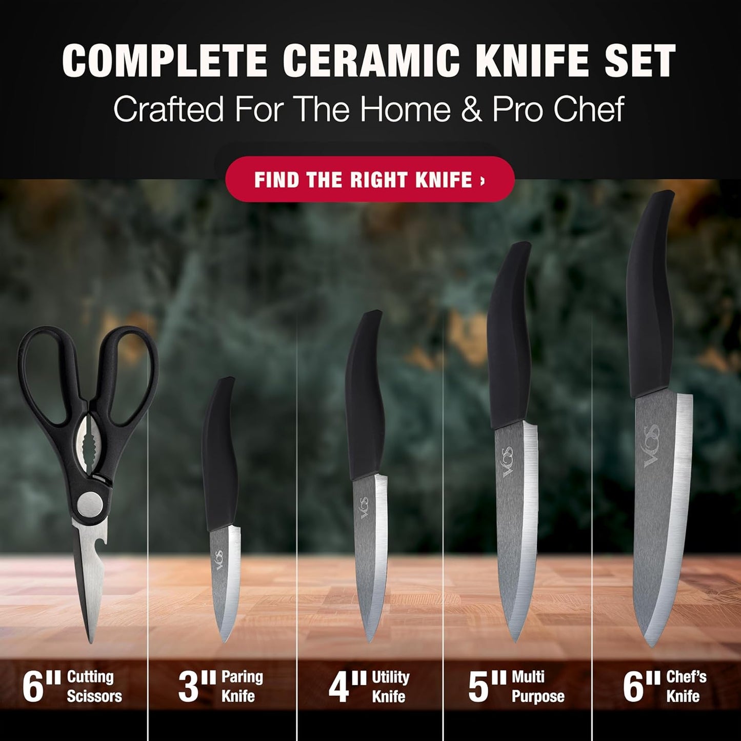 Vos ceramic knives set for kitchen in gift box, 5 ceramic knife with cover with scissors, 3" 4" 5" 6" ultra sharp knives for home cooks, lightweight, rust-free, dishwasher safe (Black handle)