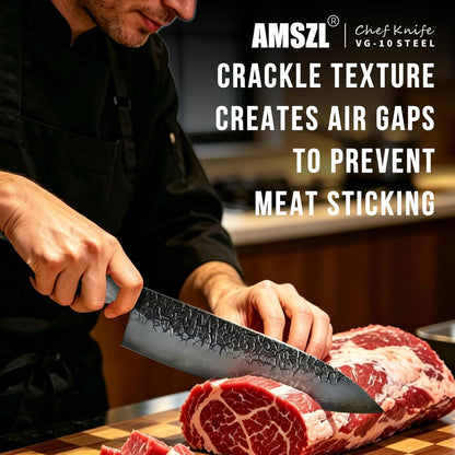 Japanese 8" Forged Chef Knife for Kitchen, Razor Sharp VG10 Steel Core with 5-Layer High Carbon Finish, Hammered Cracked Pattern, Ebony Handle with Turquoise (White)