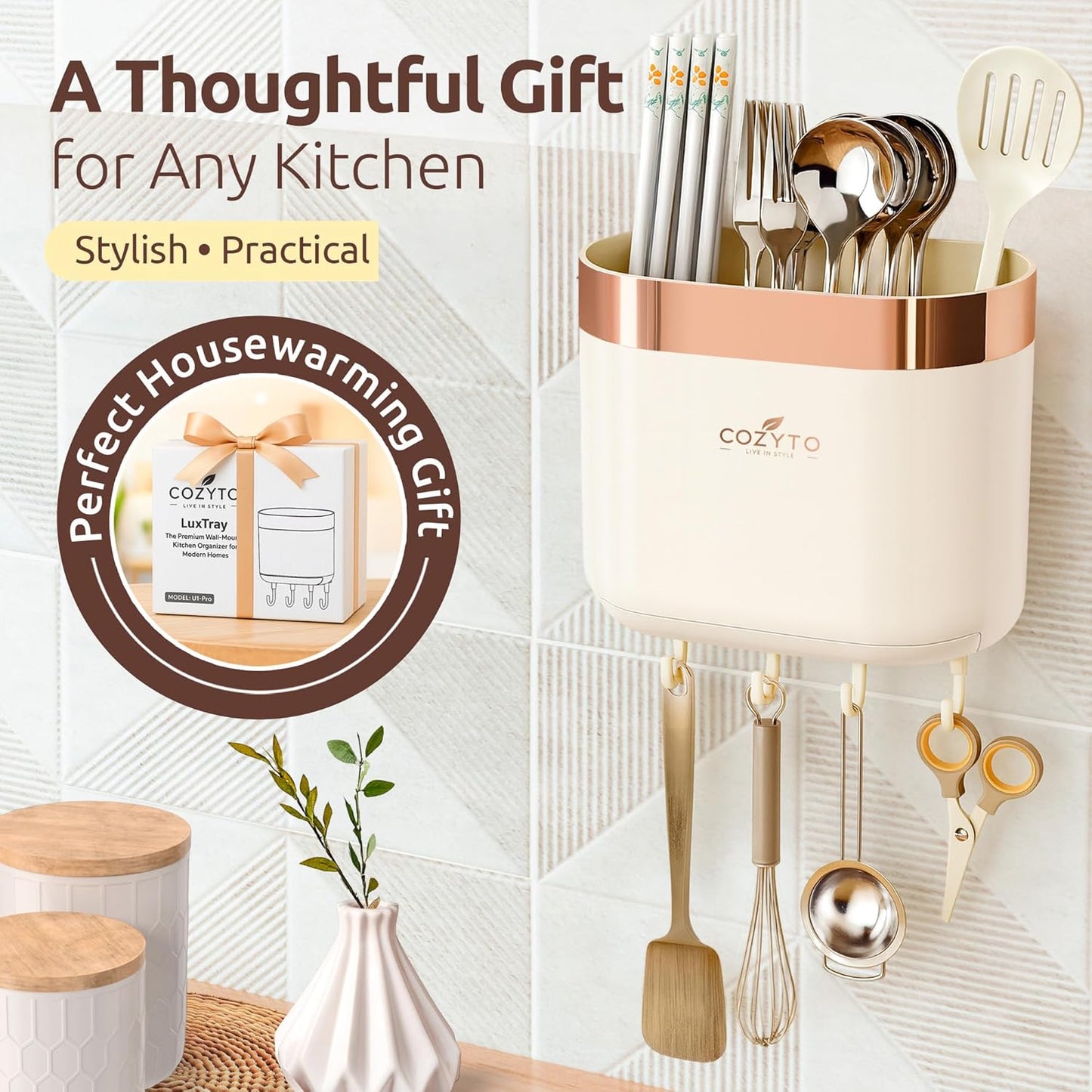 COZYTO LuxTray U1-Pro Wall Mounted Utensil Holder – Kitchen Organizer with Hooks, Dividers & Drain Tray, No-Drill Adhesive Wall Mount Storage, BPA-Free (Cream White & Shiny Silver)