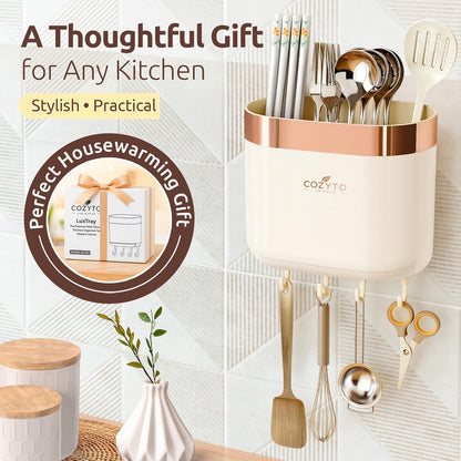 COZYTO LuxTray U1-Pro Wall Mounted Utensil Holder – Kitchen Organizer with Hooks, Dividers & Drain Tray, No-Drill Adhesive Wall Mount Storage, BPA-Free (Cream White & Shiny Silver)