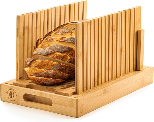 Bread Slicer for Homemade Bread - Adjustable Bamboo Bread Cutter with Knife, Foldable Slicing Guide & Crumb Tray - Bread Loaf Slicer for Sourdough, Cakes, Bagels, Loaves - Kitchen Gadgets Baking Gifts