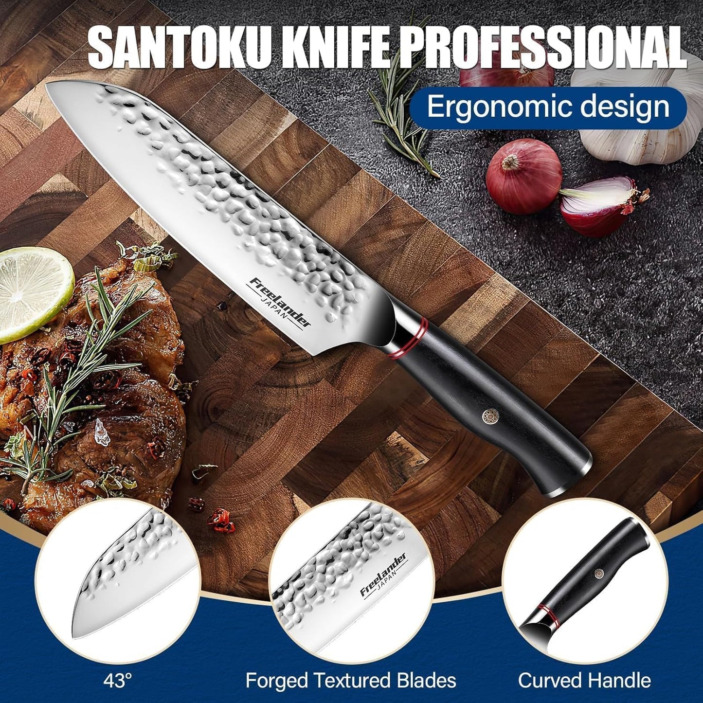 Freelander Butcher Knife Set 3 PCS, Japanese Chef Knife Set with Roll Bag, Full Tang Meat Cleaver for Kitchen & Camping & BBQ, Gift for Men