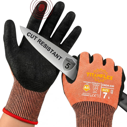 TitanFlex Cut Resistant Gloves ANSI A5, Work Gloves with Sandy Nitrile Grip,Orange