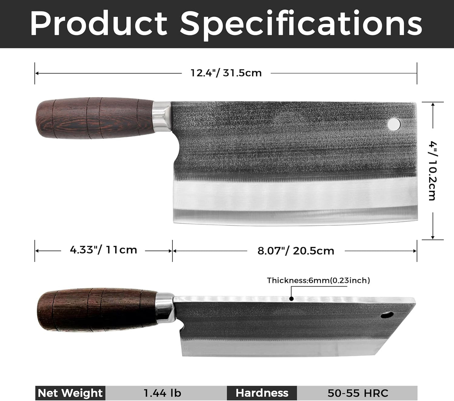 Meat Cleaver Knife, 8.07" Bone Chopper, 6mm Thick Blade, All-in-One Chop & Slice Knife with Wenge Wood Handle for Home Kitchen & BBQ