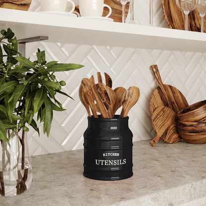 Barnyard Designs Ceramic Farmhouse Utensil Holder for Kitchen Counter, Large Rustic Utensil Crock, Countertop Cooking Tool Spatula Organizer, 6.75” (Taupe)