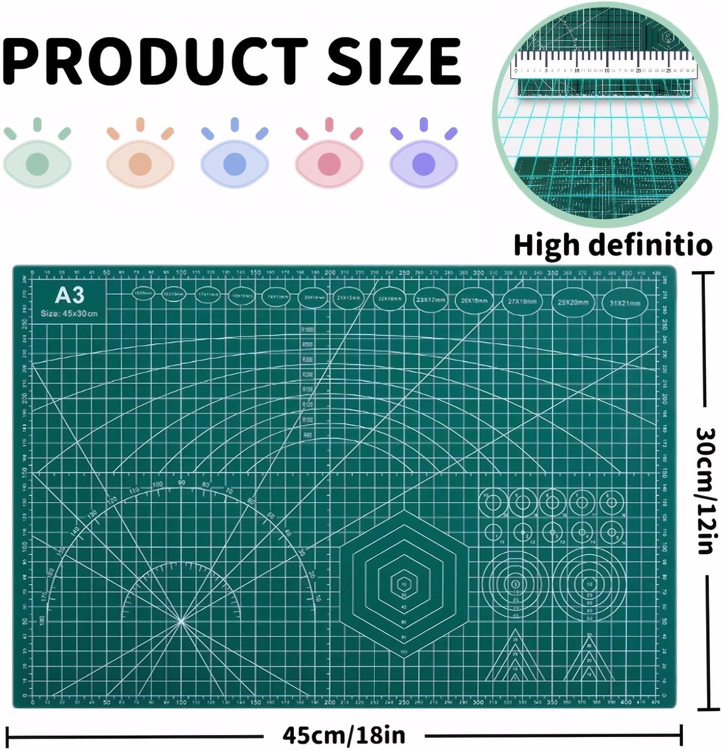 Self Healing 18"X12" Cutting Mat, A3 Sewing Mat Rotary Double Sided Thickened Mats for Crafts, for Sewing Crafts Hobby Fabric Precision Scrapbooking Project,Green