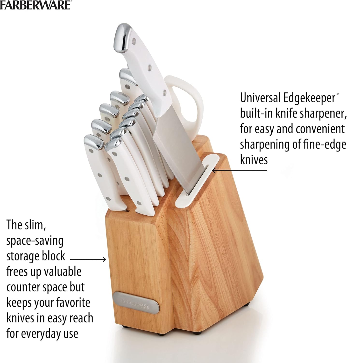 Farberware Edgekeeper Triple Riveted Slim Knife Block Set with Built in Sharpener, 14-Piece, Navy