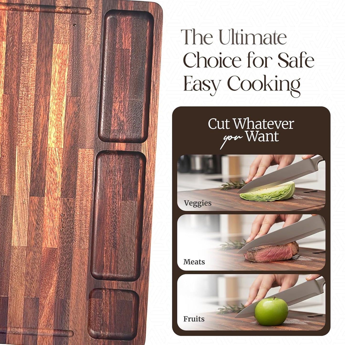 Walnut Cutting Board for Kitchen - Large Wooden End Grain Chopping Board with Handle & Groove - Wood Butcher Block - Double-Sided Charcuterie Serving Tray for Meat, Cheese & More - 16.4”x12.4”x1”