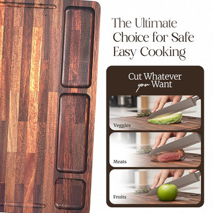 Walnut Cutting Board for Kitchen - Large Wooden End Grain Chopping Board with Handle & Groove - Wood Butcher Block - Double-Sided Charcuterie Serving Tray for Meat, Cheese & More - 16.4”x12.4”x1”