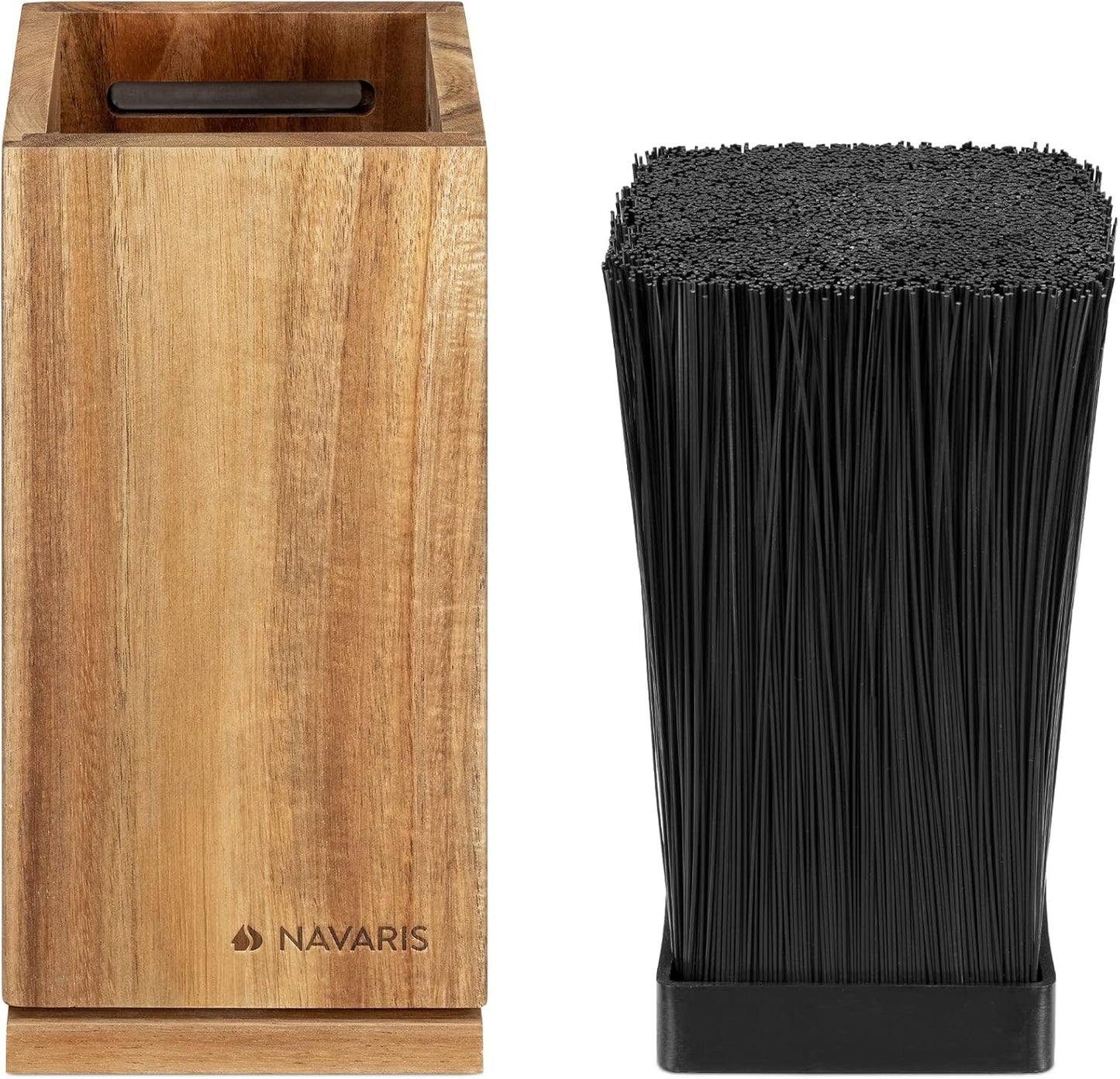 Navaris Bamboo Kitchen Knife Block - Magnetic Rotating Bristle Knife Holder - Universal Knife Block Storage Stand with Bristles - 9.8" x 4.9" x 4.9"