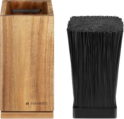 Navaris Bamboo Kitchen Knife Block - Magnetic Rotating Bristle Knife Holder - Universal Knife Block Storage Stand with Bristles - 9.8" x 4.9" x 4.9"
