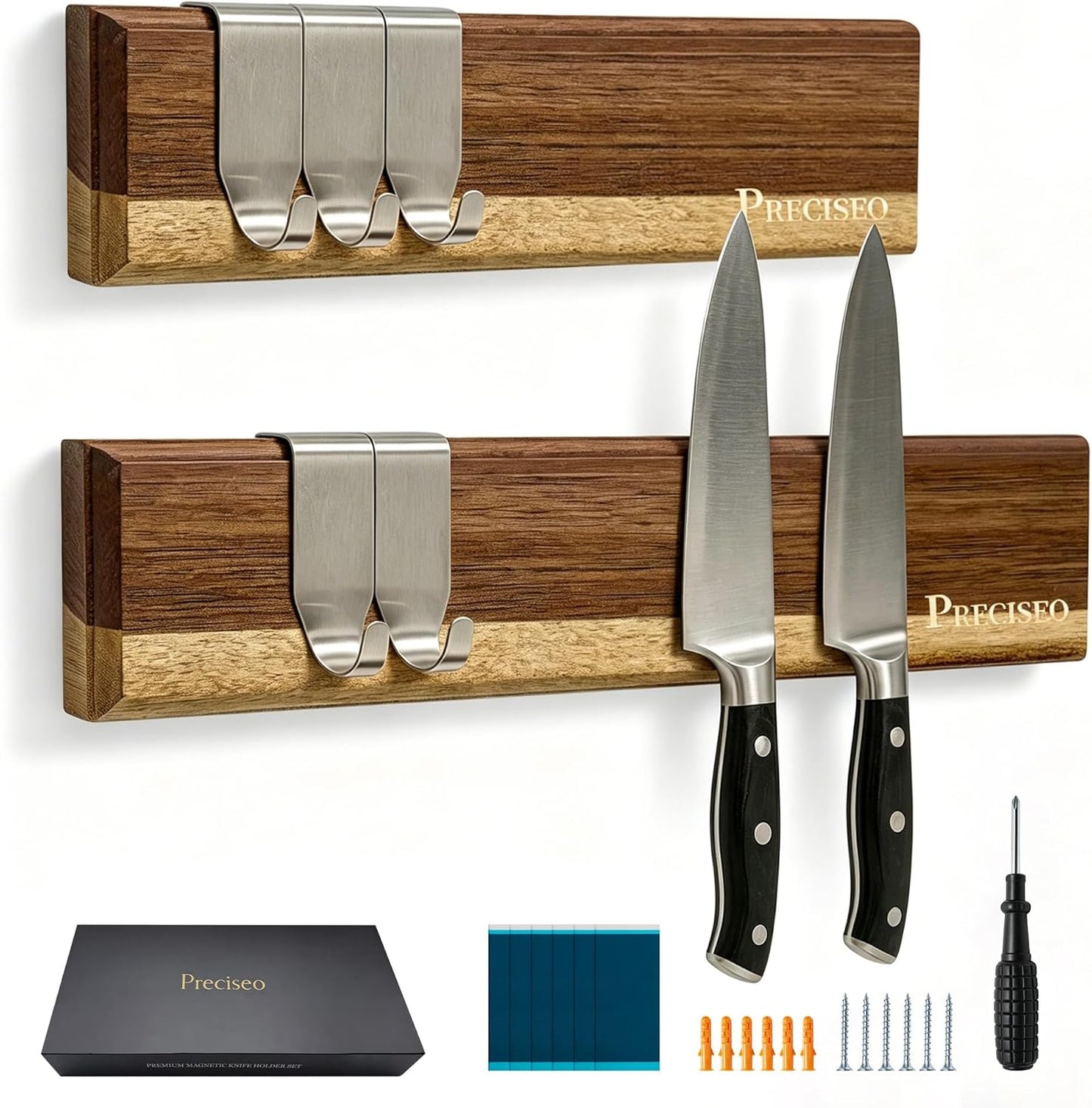 16"+10" Magnetic Knife Holder for Wall, Acacia Wood Knife Magnetic Strip Set with 5 Hooks for Kitchen Utensil Organization - No Drill Adhesive or Screw Mount, Complete Mounting Kit & Gift Box