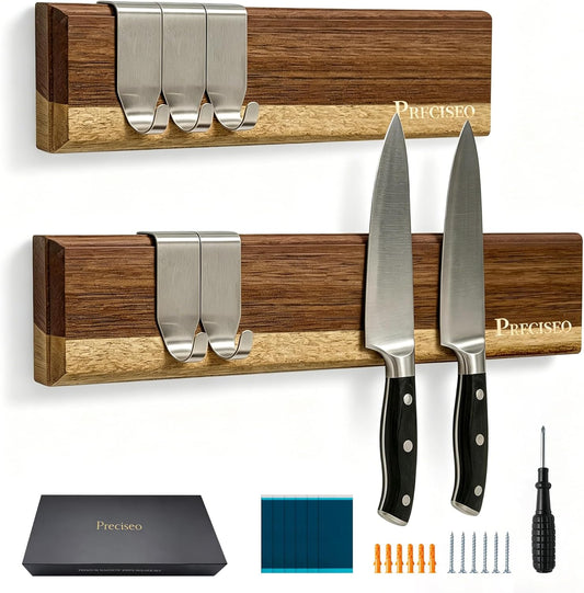 16"+10" Magnetic Knife Holder for Wall, Acacia Wood Knife Magnetic Strip Set with 5 Hooks for Kitchen Utensil Organization - No Drill Adhesive or Screw Mount, Complete Mounting Kit & Gift Box