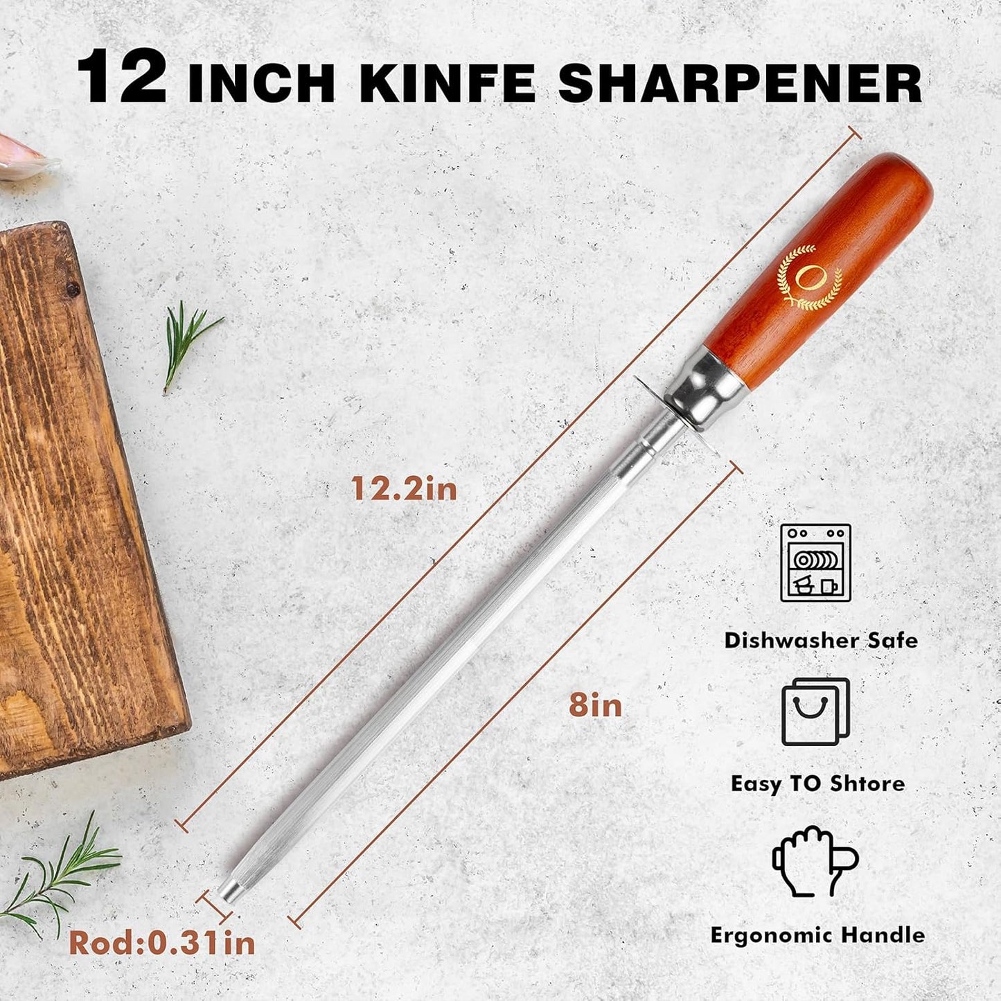 Knife Sharpener Rod, 13 Inch Carbon Steel Honing Steel for Kitchen Knives, Professional Magnetized Sharpening Stick with Nickel-Chrome Plating, Easy Grip Tool for Chef Knives