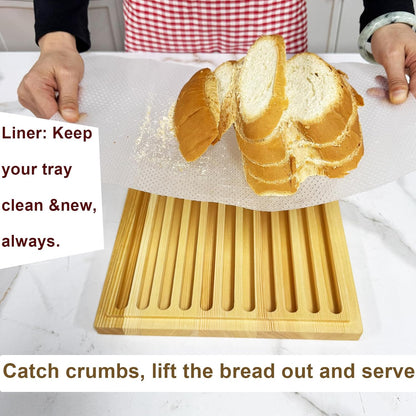 Wooden Bread Slicer for Homemade Bread, Stainless Steel Bread Slicing Guide with 20 Liners, 2 Thickness Cutting Guide with Crumb Tray, 7in Adjustable Width for Bread (7inch Slicer)