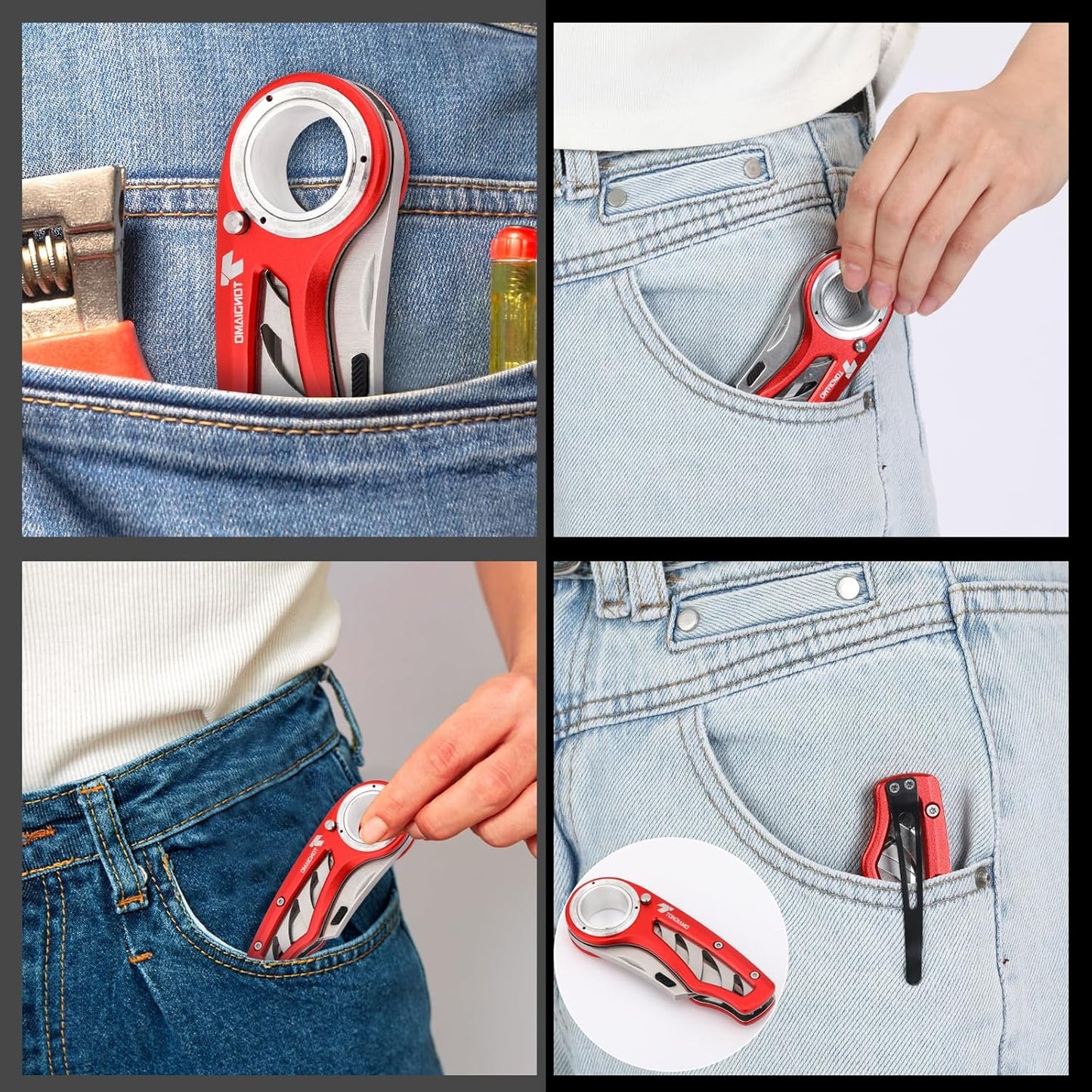 Tondiamo 4 Pcs Folding Pocket Utility Knife Heavy Duty Box Cutter Folding Razor Knife with Anti Slip Finger Loop Easy Change Blades 3 Lock Positions Design (Yellow,Red,Black,Green)