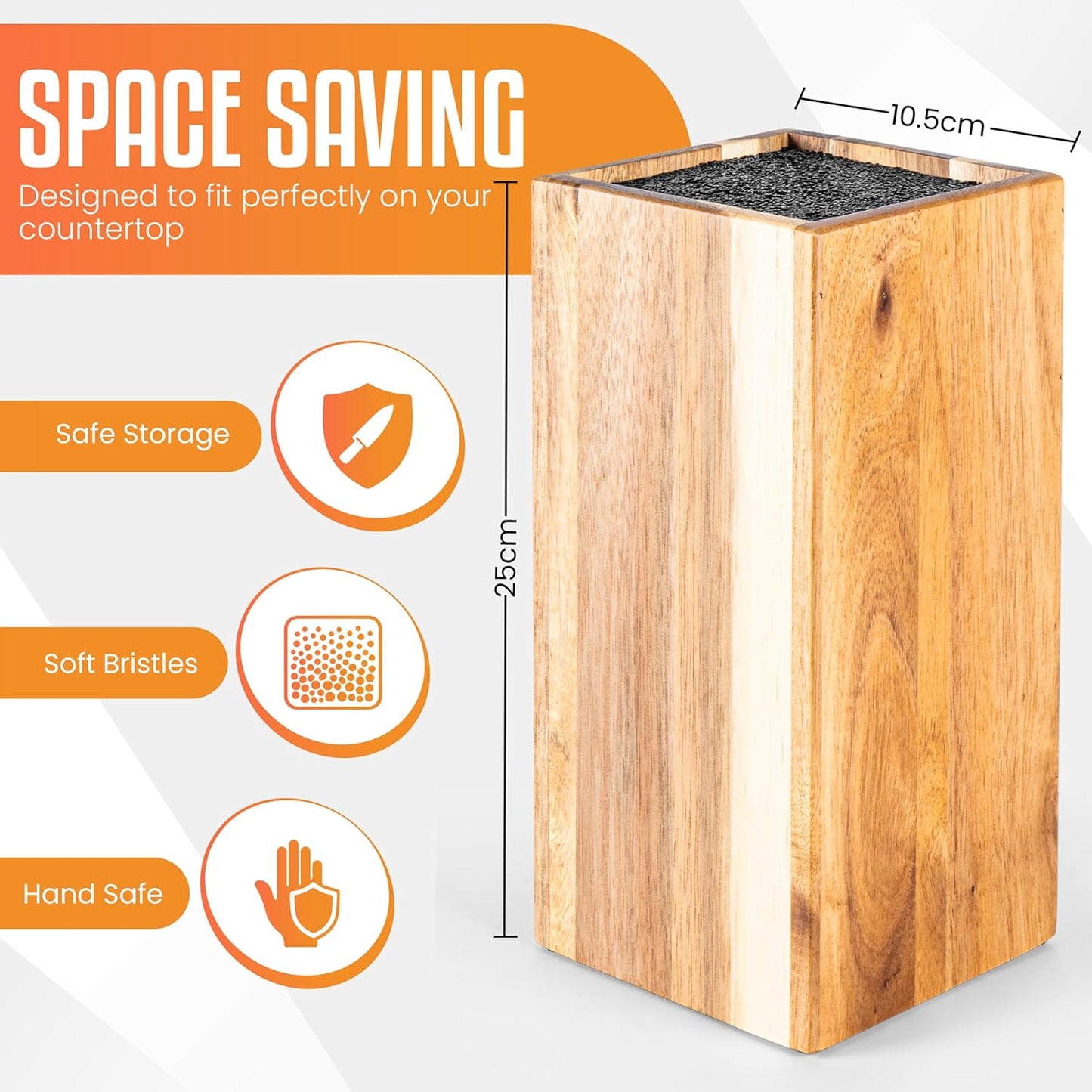 Acacia Wood Angled Knife Block with Multi-Purpose Holder – Universal Kitchen Knife Storage with Removable Bristle Insert (Honey brown, regular medium)