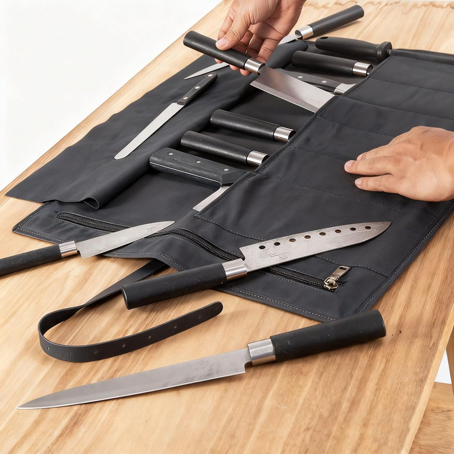 Leather Chef Knife Roll Bag, Knife Bags for Chefs Professional, Large Zippered Pouch & 7-Slot Professional Knife Roll, Chef Knives Storage Bag for Kitchen Tools Culinary Accessories (brown)
