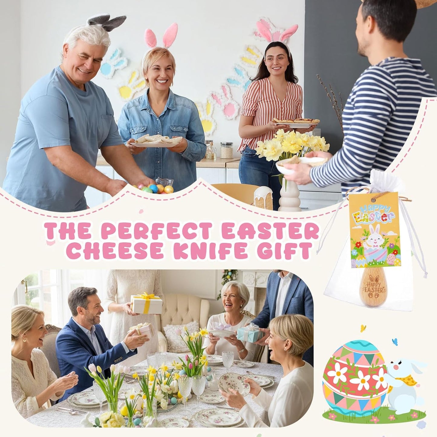 24 Pack Easter Party Favors Gift Set Cheese Spreader Knives with Greeting Cards & Organza Bags, Stainless Steel Butter Spreader with Wood Handle, Easter Charcuterie Board Table Decor