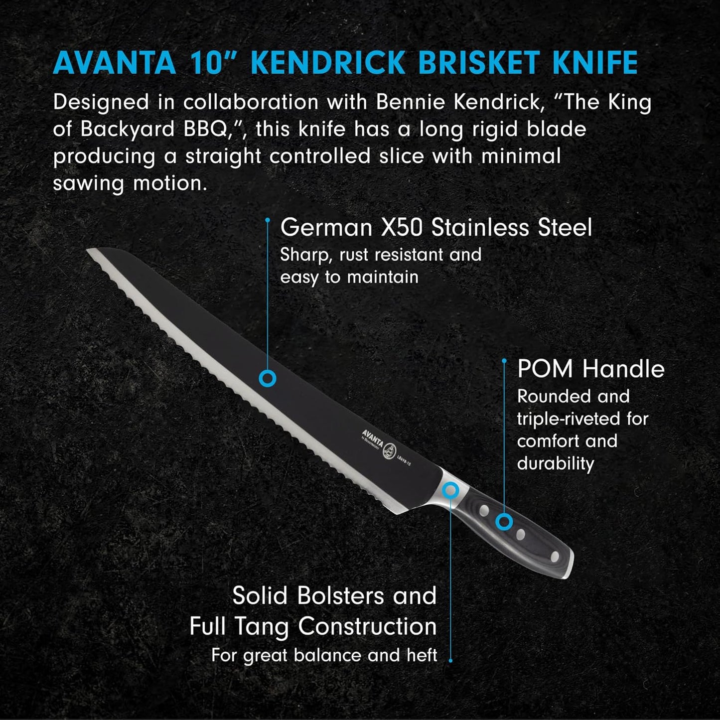 Messermeister Avanta Kendrick BBQ Scalloped Brisket Knife, 10” - German X50 Stainless Steel - Full-Tang Pakkawood Handle - Rust Resistant & Easy to Maintain