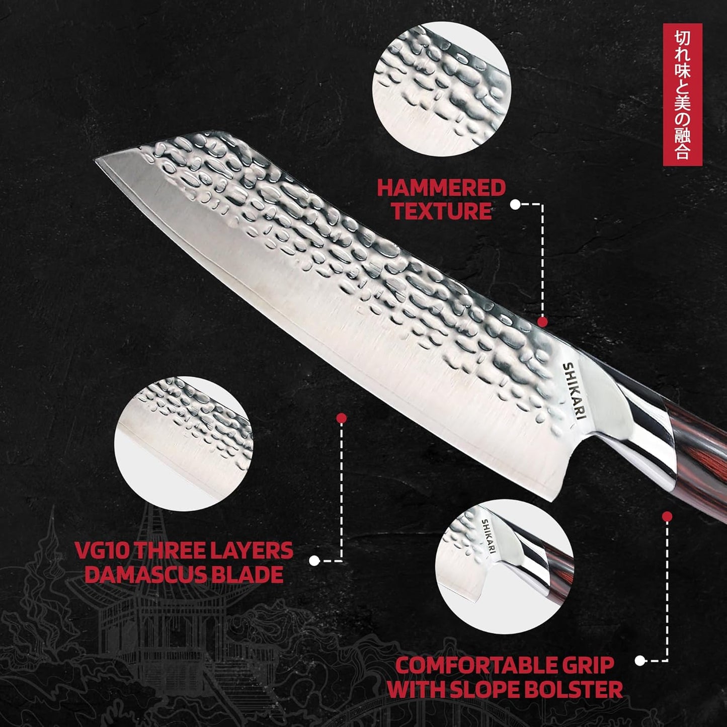 SHIKARI Santoku Knife 7 Inch – VG10 Super Sharp Vegetable Knife – Ergonomic Full Tang Chopping Knife with Pakkawood Handle – Japanese-Style Santoku Sharp Knives for Kitchen