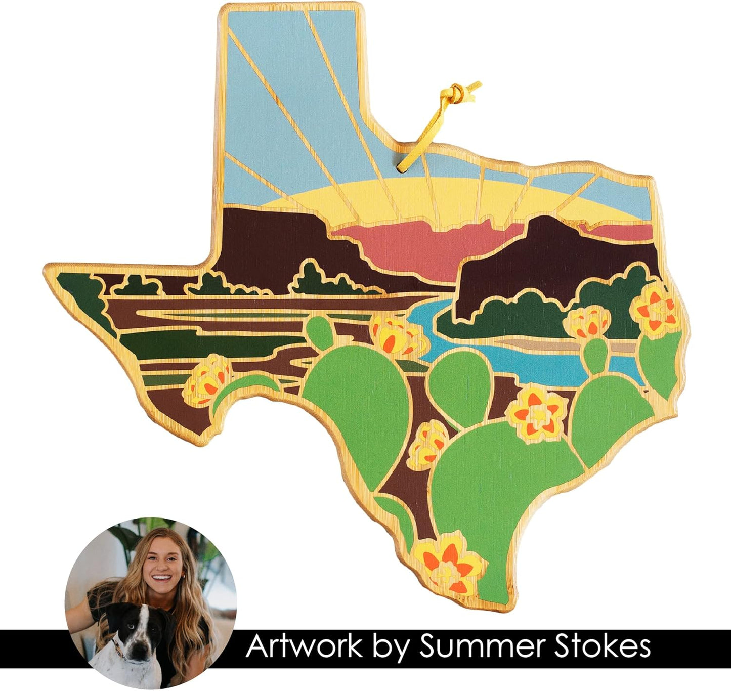 Totally Bamboo North Carolina State Shaped Cutting Board and Charcuterie Serving Platter with Artwork by Summer Stokes, Includes Hang Tie for Wall Display 18" x 8" x 5/8" - Colors B