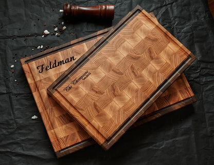 Personalized Walnut and Cherry End Grain Cutting Board, Double -Sided Custom Engraved Wood Chopping Block, Handmade Butcher Block for Kitchen, GrainWoods (13x8x2 Inches)